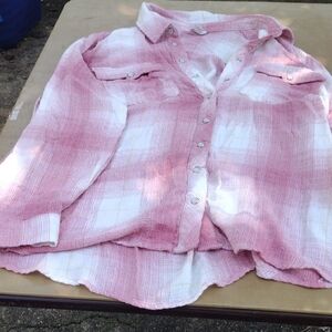 Cato Women's Pink and White Plaid Button Down Shirt